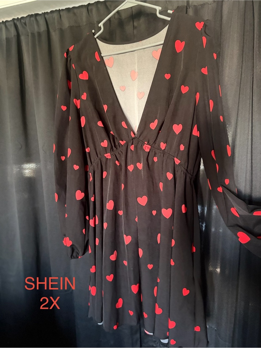 SHEIN Black Dress with Red Heart Print V-Neck Mini